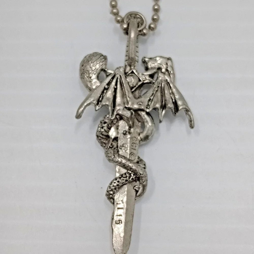 CCI Dragon Sword Pendant Necklace Gothic Fantasy Silver Tone 2 1/2 Inch